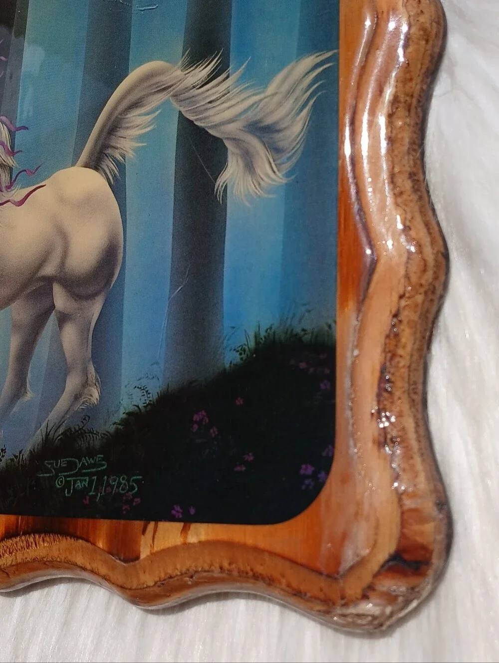 Vintage Sue Dawe Unicorn Wall Hanging Plaque Wood Fantasy Enchanted Forest 80s